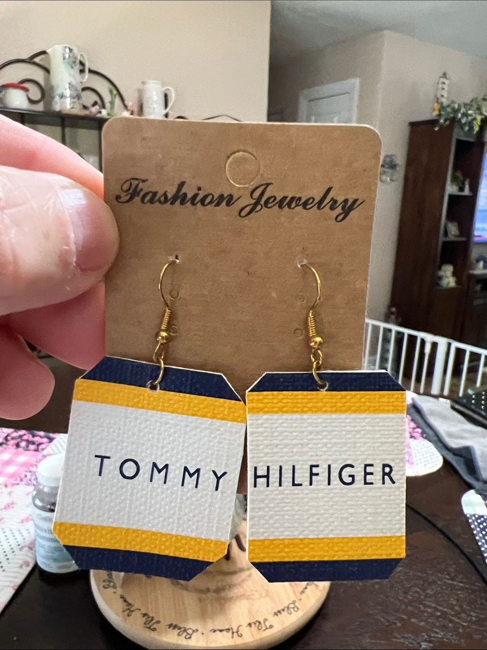 Fashion Jewelry Navy, White & Yellow Logo Drop Earrings